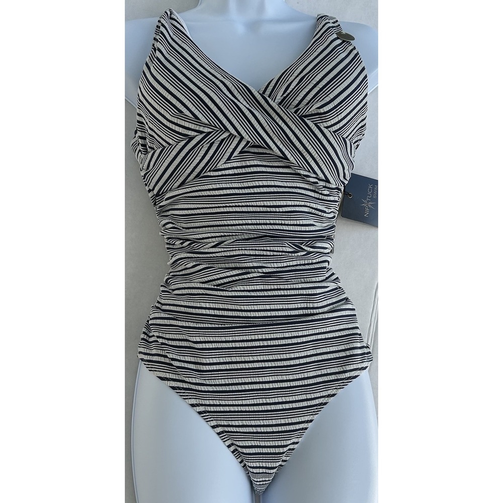 Nip Tuck Swim Navy White Stripe One-Piece Swimsuit US 8 – Tummy Control NWT